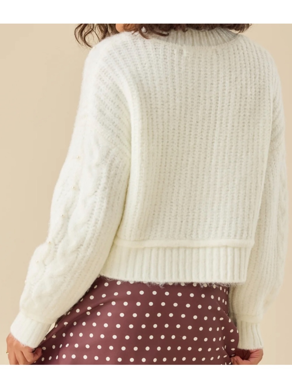 Altar'd State Cream Cable-Knit Pearl-Embellished Crew Sweater - Picture 5 of 8